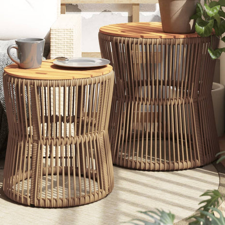 Tuinbijzettafels 2 st met houten blad poly rattan beige