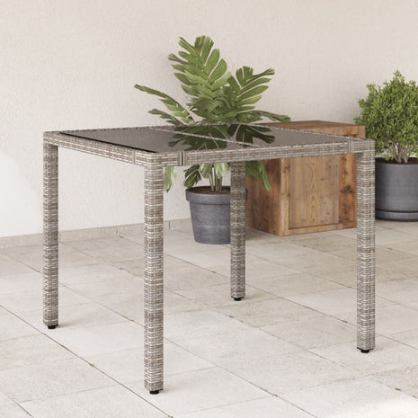 Tuintafel met glazen blad 90x90x75 cm poly rattan grijs