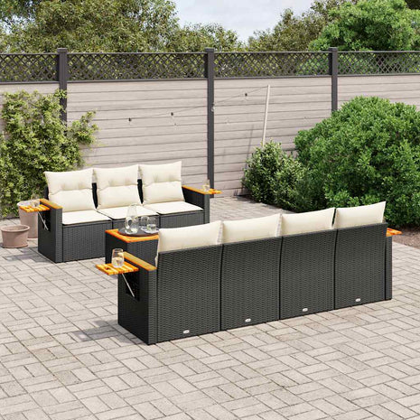 8-delige Loungeset met kussens poly rattan zwart