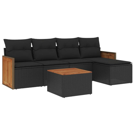 6-delige Loungeset met kussens poly rattan zwart