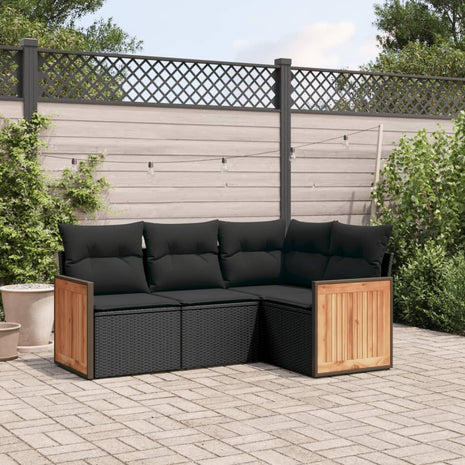 4-delige Loungeset met kussens poly rattan zwart