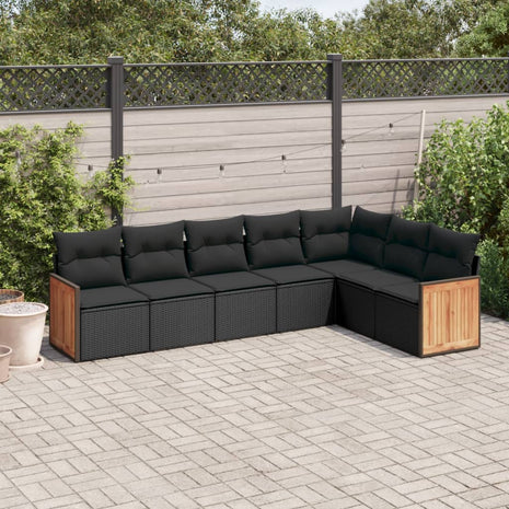 7-delige Loungeset met kussens poly rattan zwart