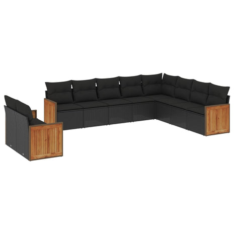 10-delige Loungeset met kussens poly rattan zwart