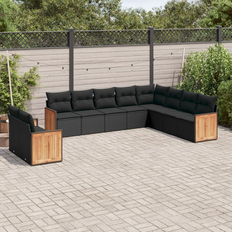 10-delige Loungeset met kussens poly rattan zwart