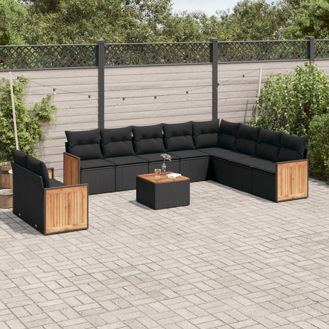 11-delige Loungeset met kussens poly rattan zwart