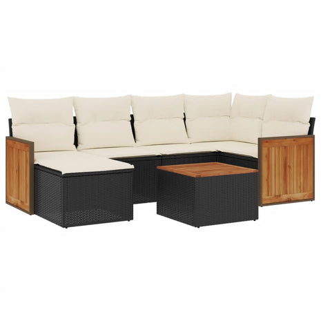 7-delige Loungeset met kussens poly rattan zwart