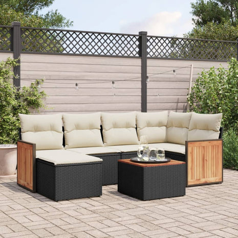 7-delige Loungeset met kussens poly rattan zwart