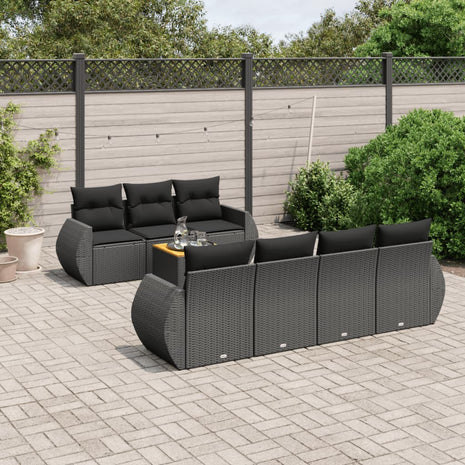 8-delige Loungeset met kussens poly rattan zwart