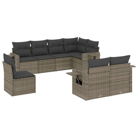 8-delige Loungeset met kussens poly rattan grijs