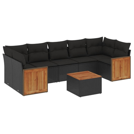 8-delige Loungeset met kussens poly rattan zwart