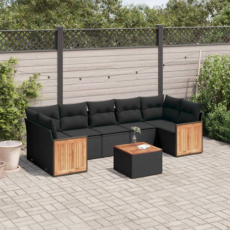 8-delige Loungeset met kussens poly rattan zwart