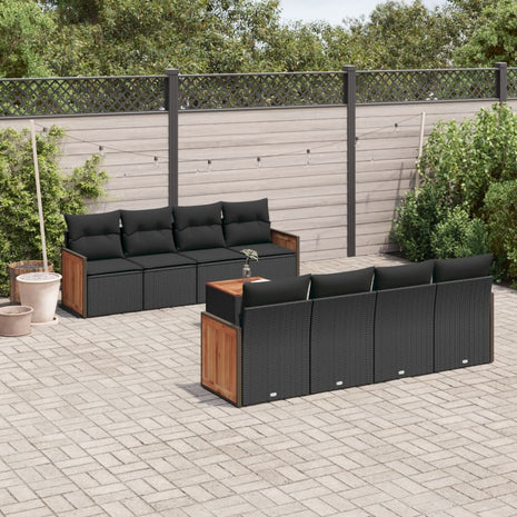 9-delige Loungeset met kussens poly rattan zwart