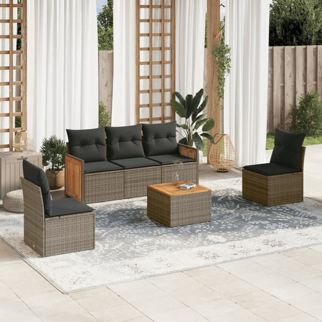 6-delige Loungeset met kussens poly rattan grijs