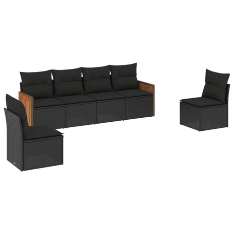 6-delige Loungeset met kussens poly rattan zwart