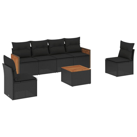 7-delige Loungeset met kussens poly rattan zwart