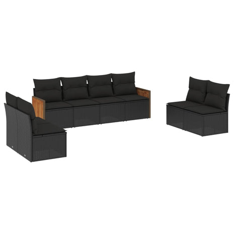 8-delige Loungeset met kussens poly rattan zwart