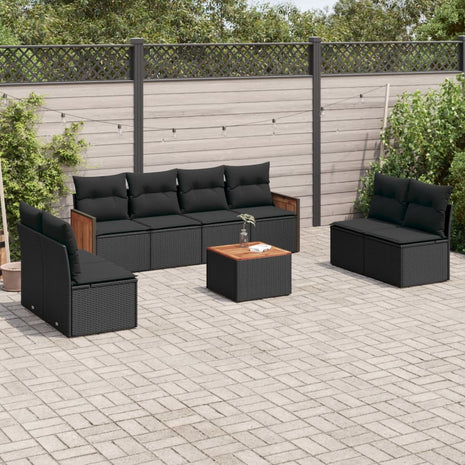 9-delige Loungeset met kussens poly rattan zwart