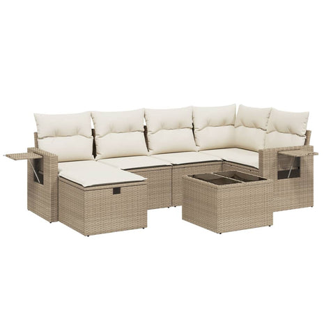 7-delige Loungeset met kussens poly rattan beige