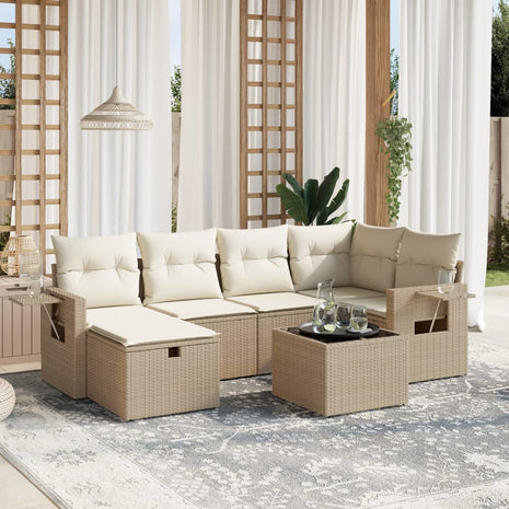 7-delige Loungeset met kussens poly rattan beige