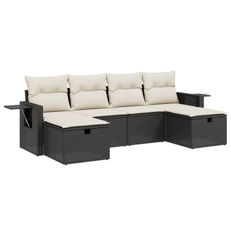 6-delige Loungeset met kussens poly rattan zwart