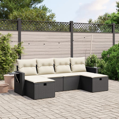 6-delige Loungeset met kussens poly rattan zwart