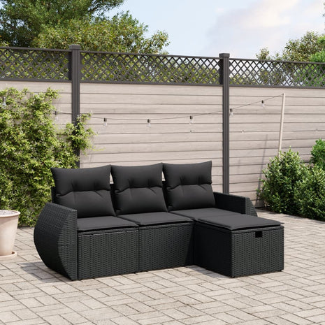 4-delige Loungeset met kussens poly rattan zwart