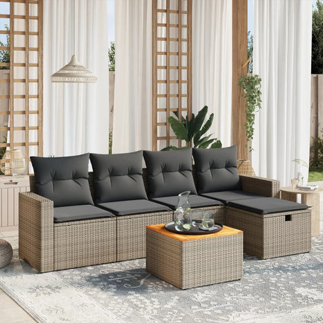 6-delige Loungeset met kussens poly rattan grijs