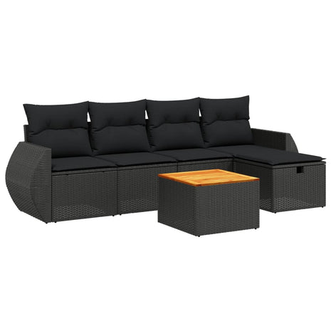 6-delige Loungeset met kussens poly rattan zwart