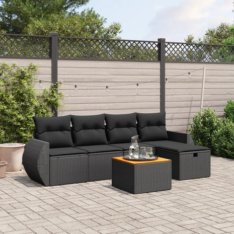 6-delige Loungeset met kussens poly rattan zwart