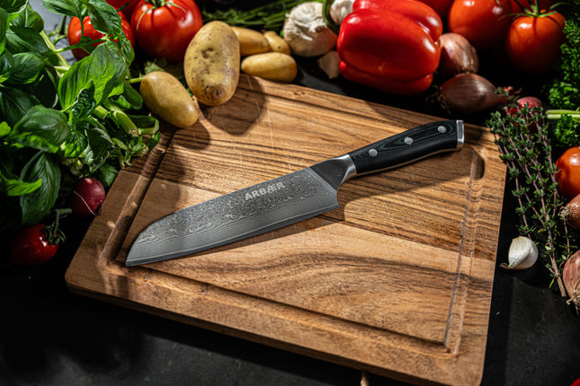 Arbaer Koksmes 18 Cm - Japans Santoku Lemmet - Damascus Staal - G10 Handvat